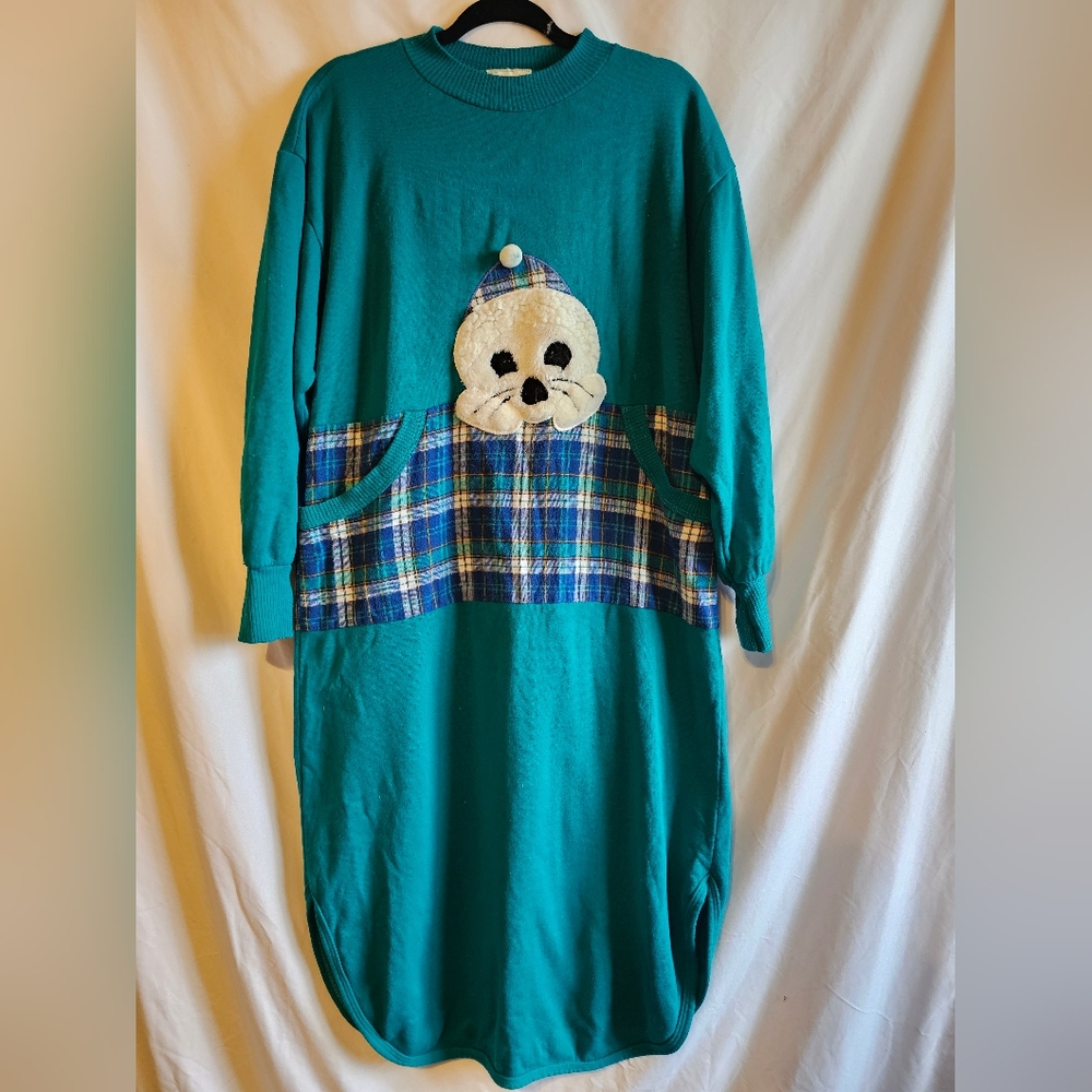 Teal Long Sleeve Dress with Plaid and Seal Design OS Vintage